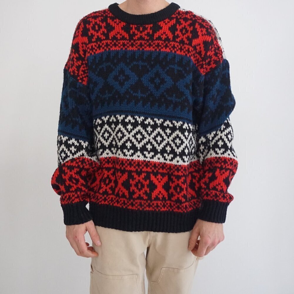Vintage '90S Original Cube Multicolor Aztec Knit Crew Neck Sweater XL